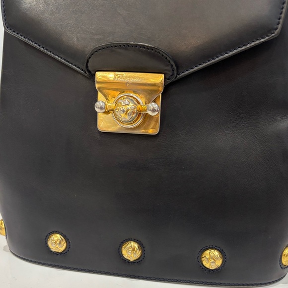 Vintage Ferragamo Black Gancini Top Handle Bag Structured Leather Crossbody - Picture 9 of 10